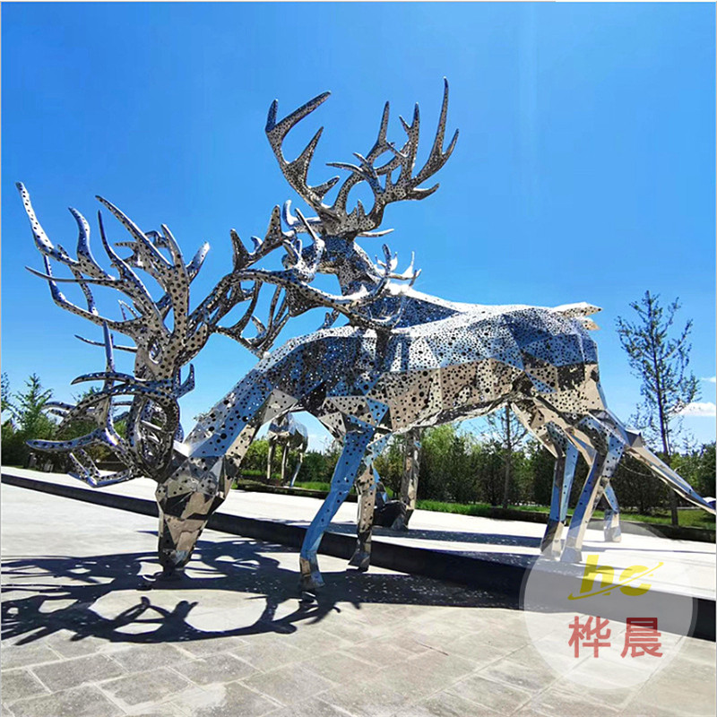 不銹鋼雕塑定制大型金屬園林地產(chǎn)鏡面鯨魚浪花圓環(huán)鹿景觀水景地標(biāo)